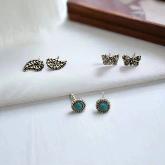 Mini Turquoise Circle & Silver Leaf & Butterfly Stud Earrings - Picture 4 of 8